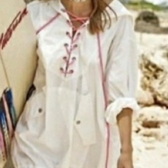 White Lace-Up Beach Shirt with Pink Trim